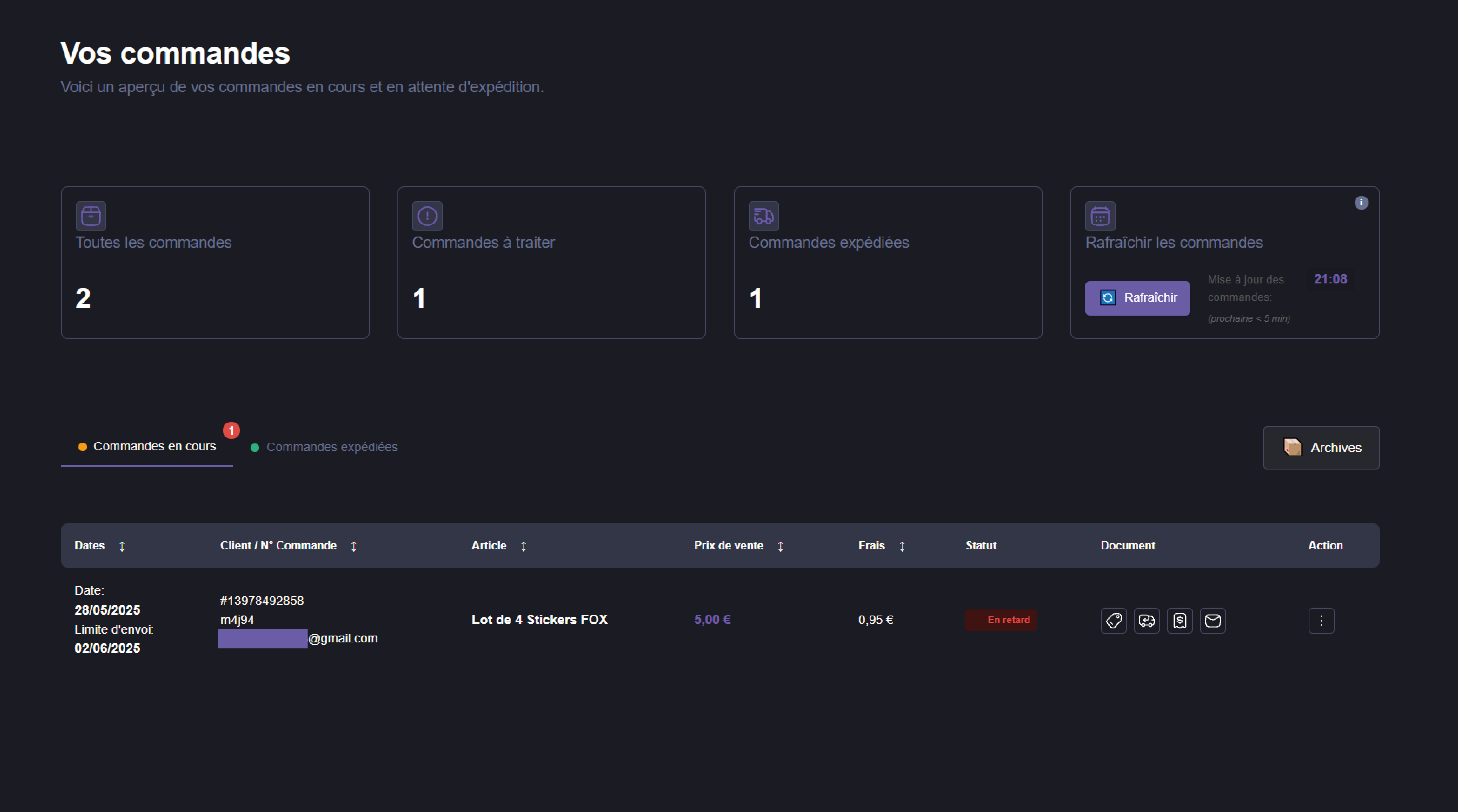 Page des commandes